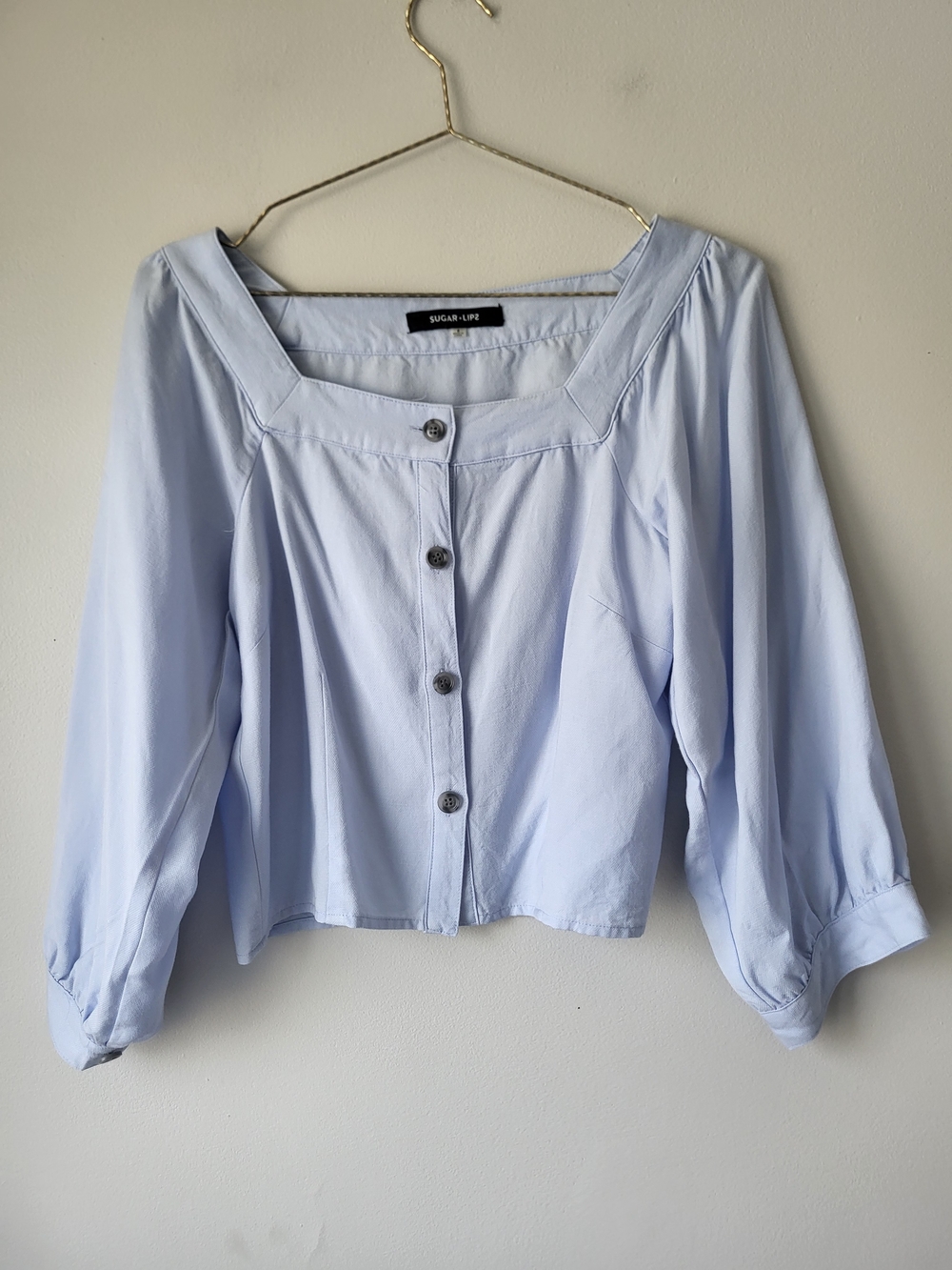 Sugarlips Pastel Blue Square Neck Button-Front Coastal Vacation Blouse